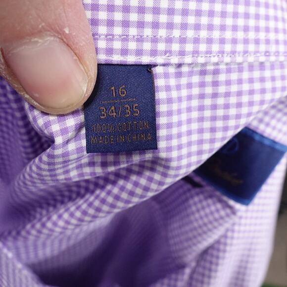 DAVID DONAHUE TRIM FIT PURPLE GINGHAM CHECK BUTTON DOWN DRESS SHIRT 16 34/35 - Picture 7 of 7